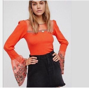 Free People High Tides Embroidered Bell Sleeve Top Orange Red Size S